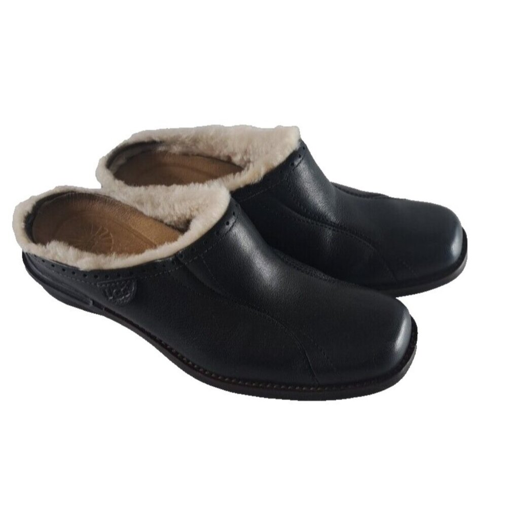 UGG Langford Leather Mules Sheepskin Lined Dark Brown Shoes Womens Size 6.5